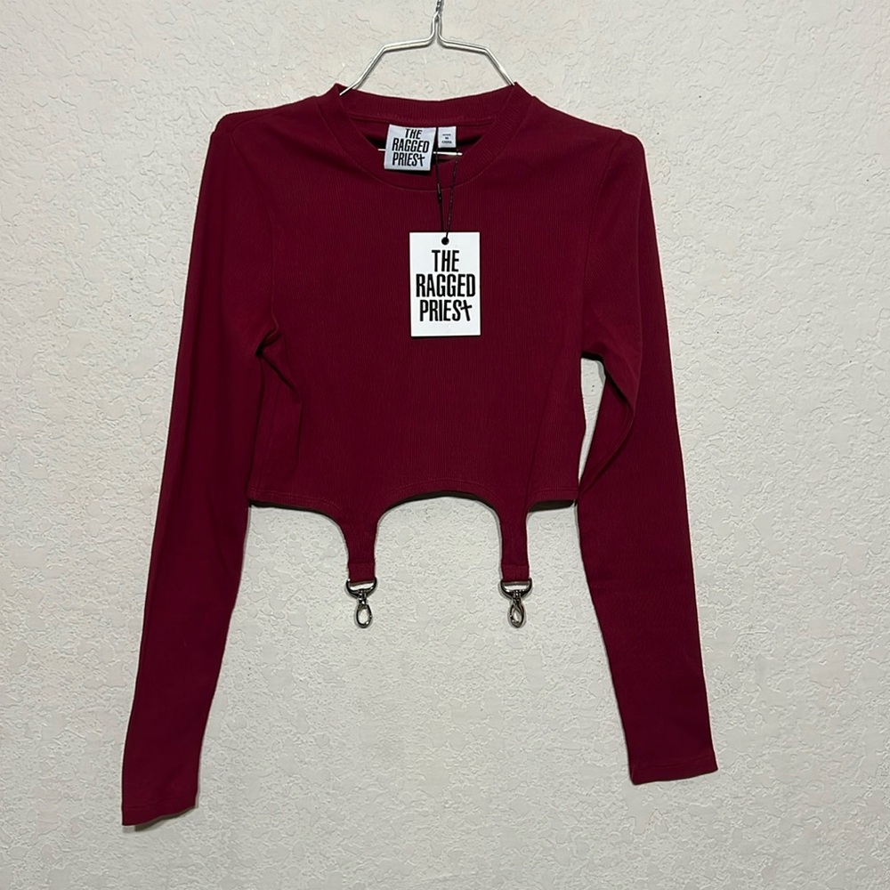 The Ragged Priest Burgundy Long Sleeve Crop Top with Garter Clips